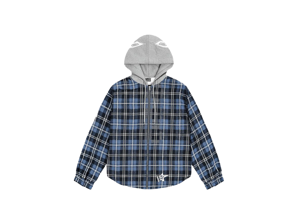 Sp5der Hooded Zip Flannel Shirt Jacket Blue Plaid-Sp5der-pikastore.cz