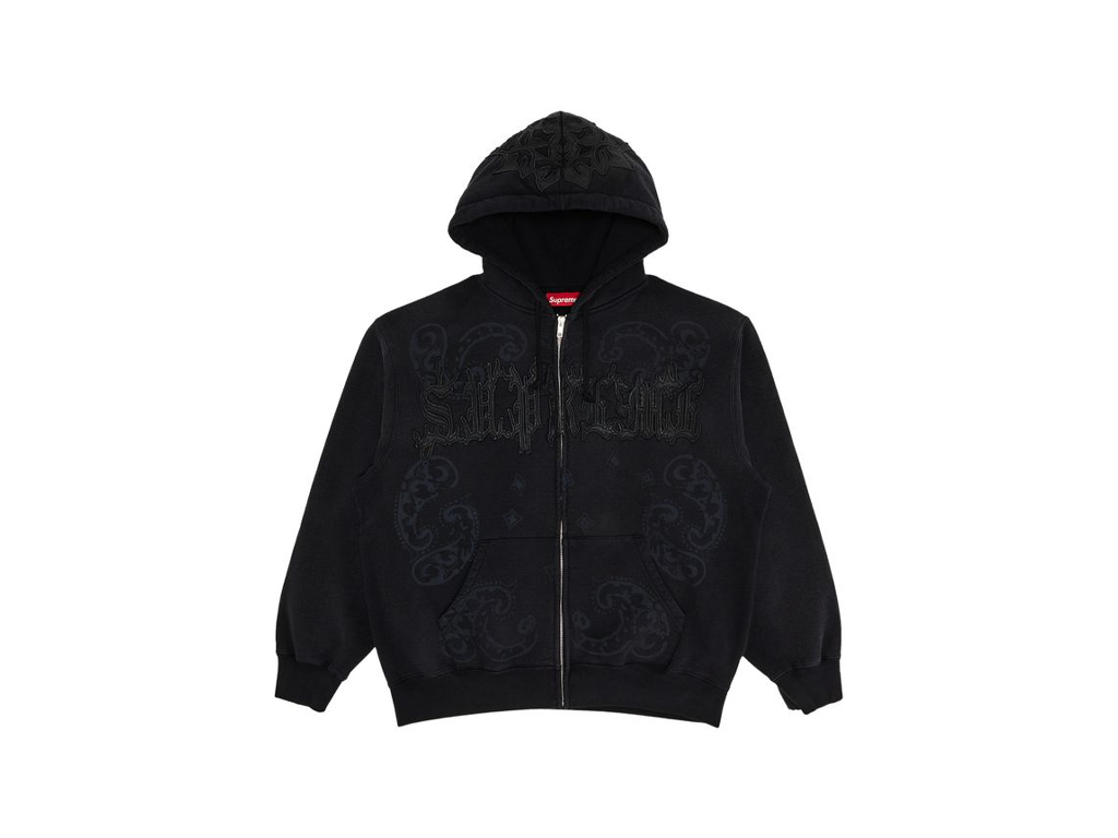 Supreme Leather Applique Zip Up Hooded Sweatshirt Black