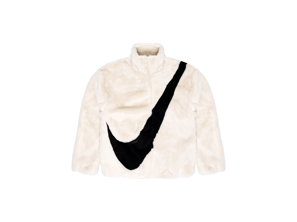 Nike Sportswear Women's Oversized Swoosh Logo Faux Fur Jacket Fossil/Black-Nike-pikastore.cz